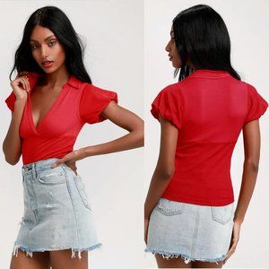 NWT New Free People Molly Red Ribbed Short Sleeve Surplice Top Size XS